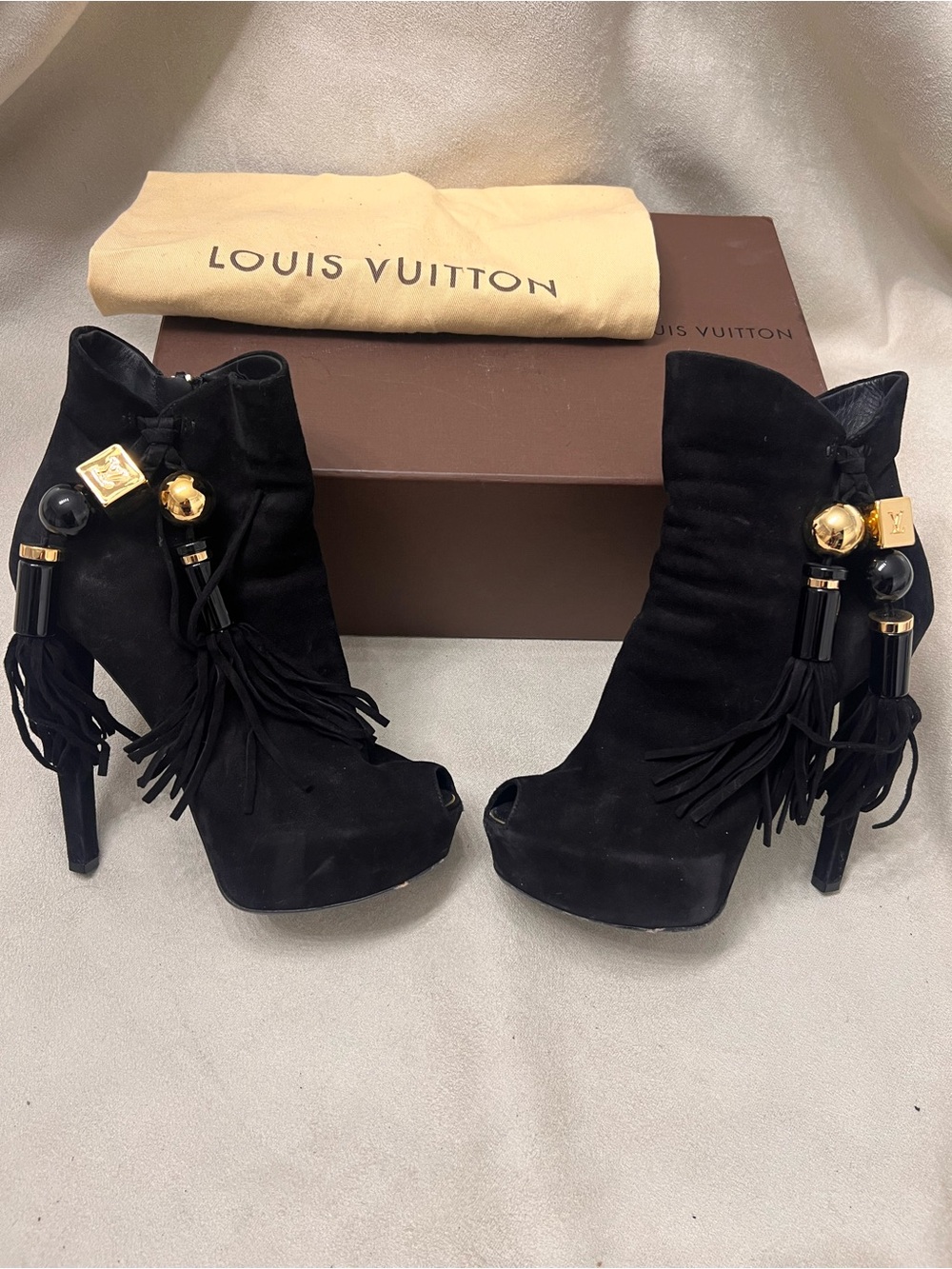 Louis Vuitton Black Suede Peep-Toe Tassel Ankle Boots